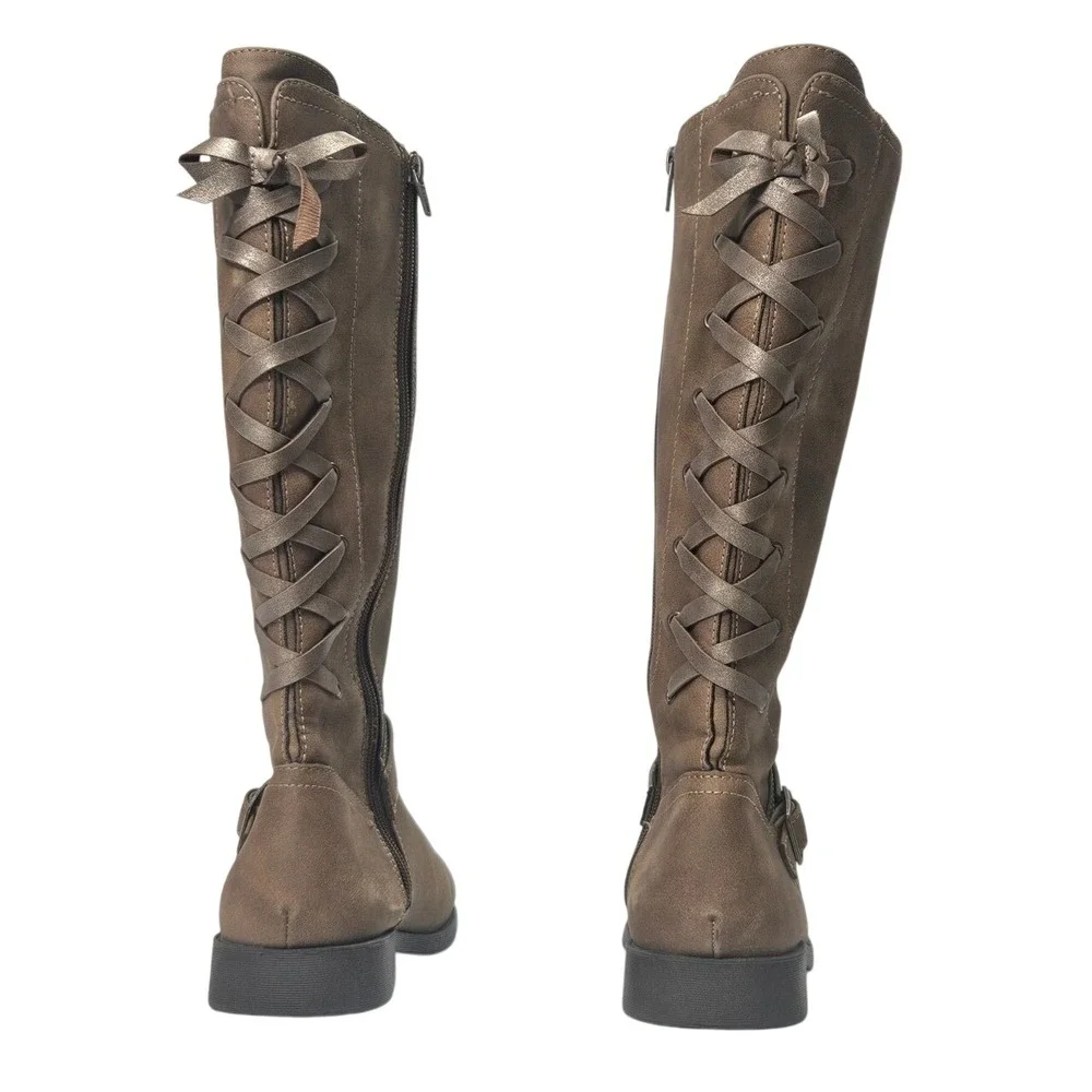 So Girls Brown Faux Suede Knee High Boots Lace Up Side Buckle Detail Size‎ 5